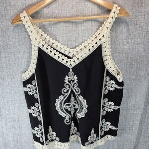 Ultra Pink Small Black White Embroidery Crocheted Straps Tank Boho Filigree